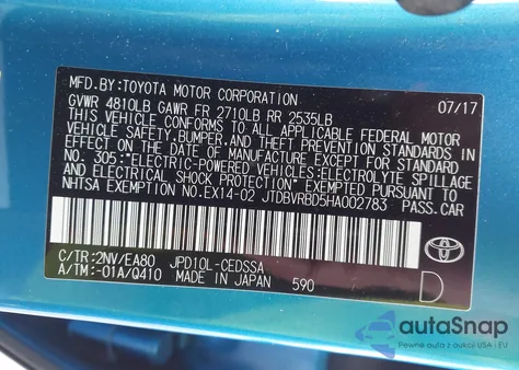 2017 Toyota Mirai z USA, uszkodzony, nr VIN JTDBVRBD5HA002783